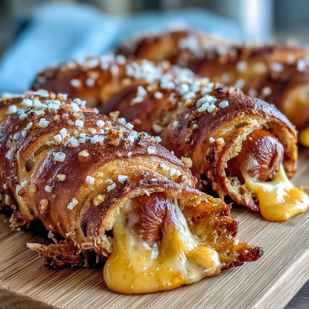 Eight golden Soft Baked Cheesy Pretzel Dogs are plated with spicy mustard, ready for a game day snack spread.