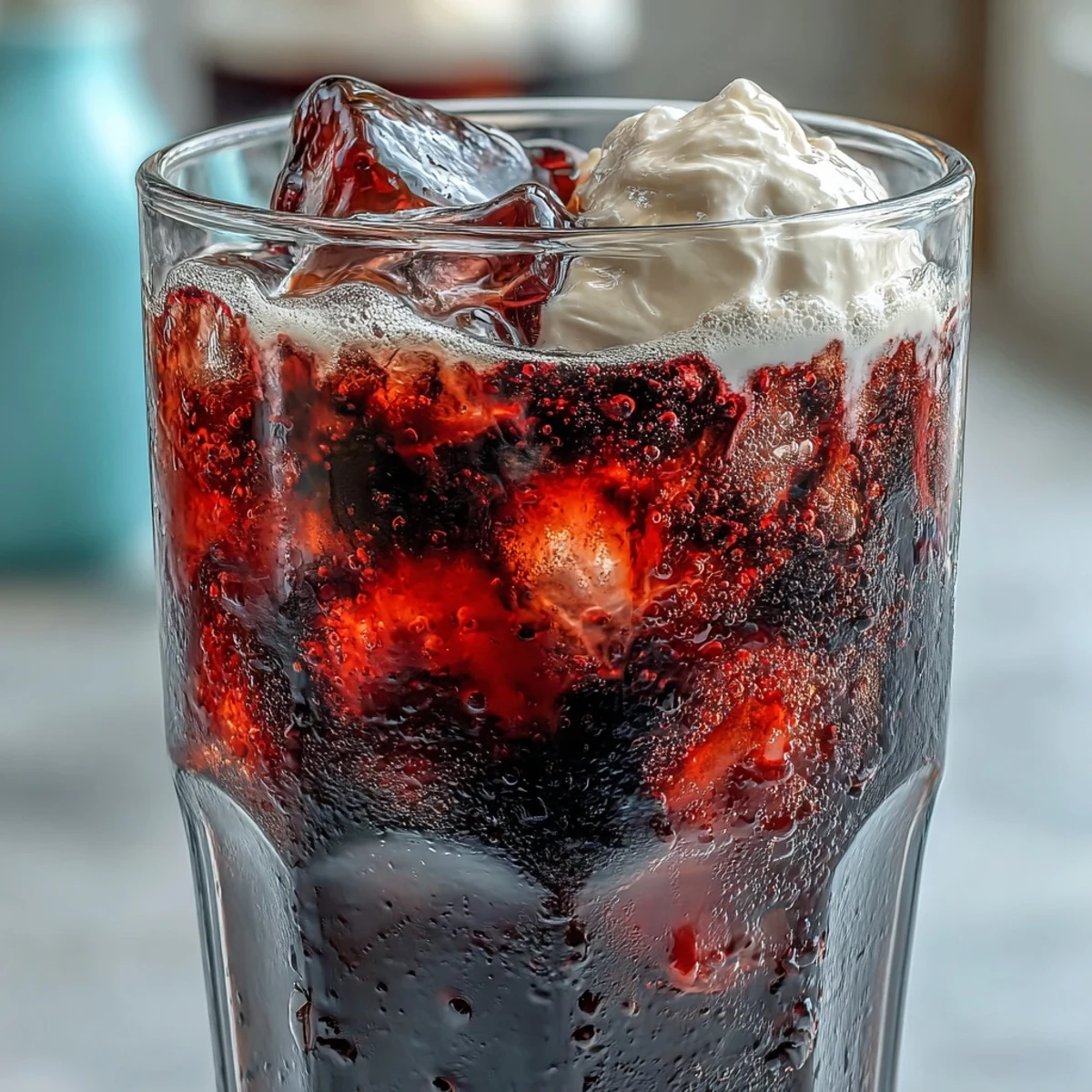 Cold Midnight Malibu Dirty Soda layered over ice, drizzled with blackberry syrup and coconut cream.