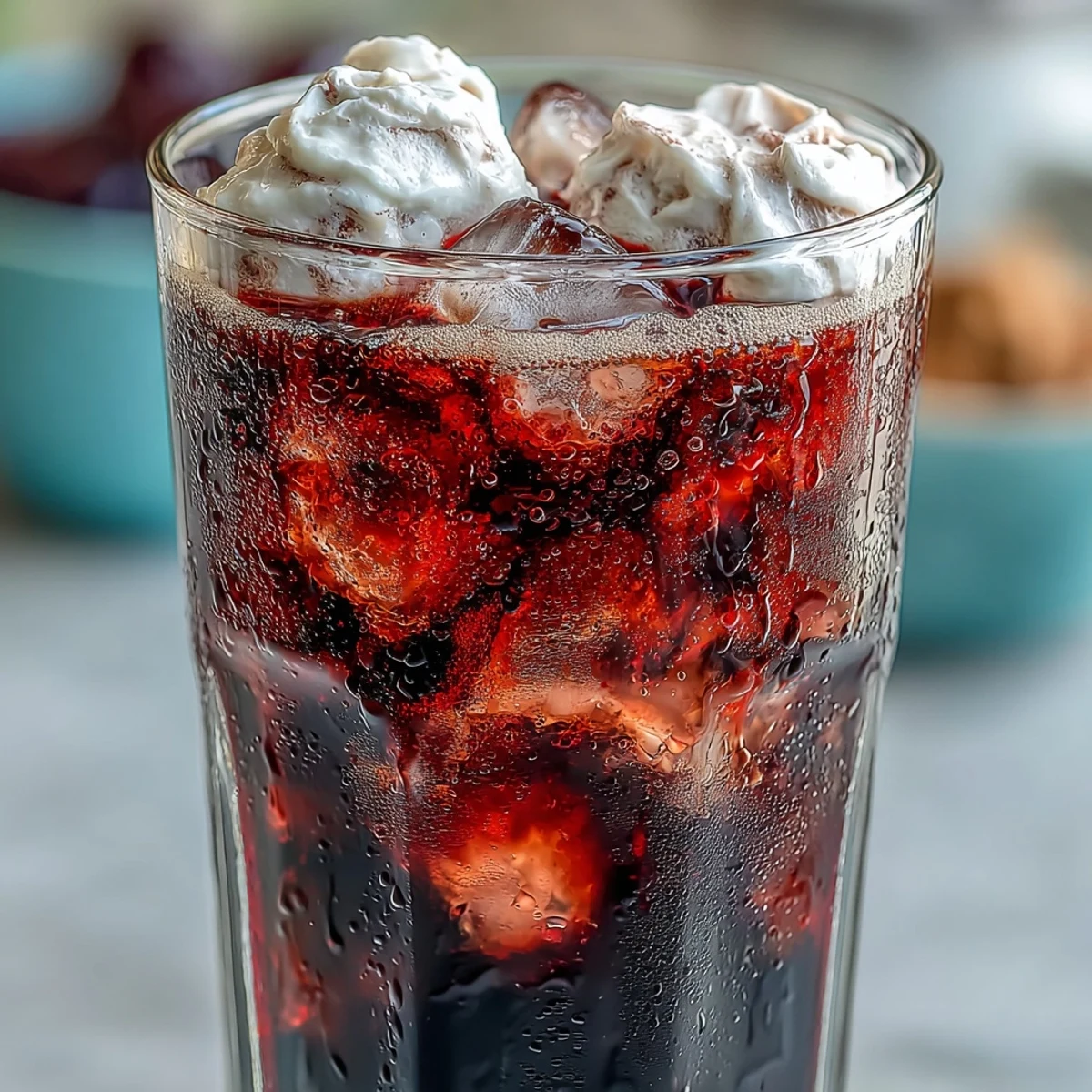 Midnight Malibu Dirty Soda in a tall glass, showcasing creamy coconut top and dark berry streaks.
