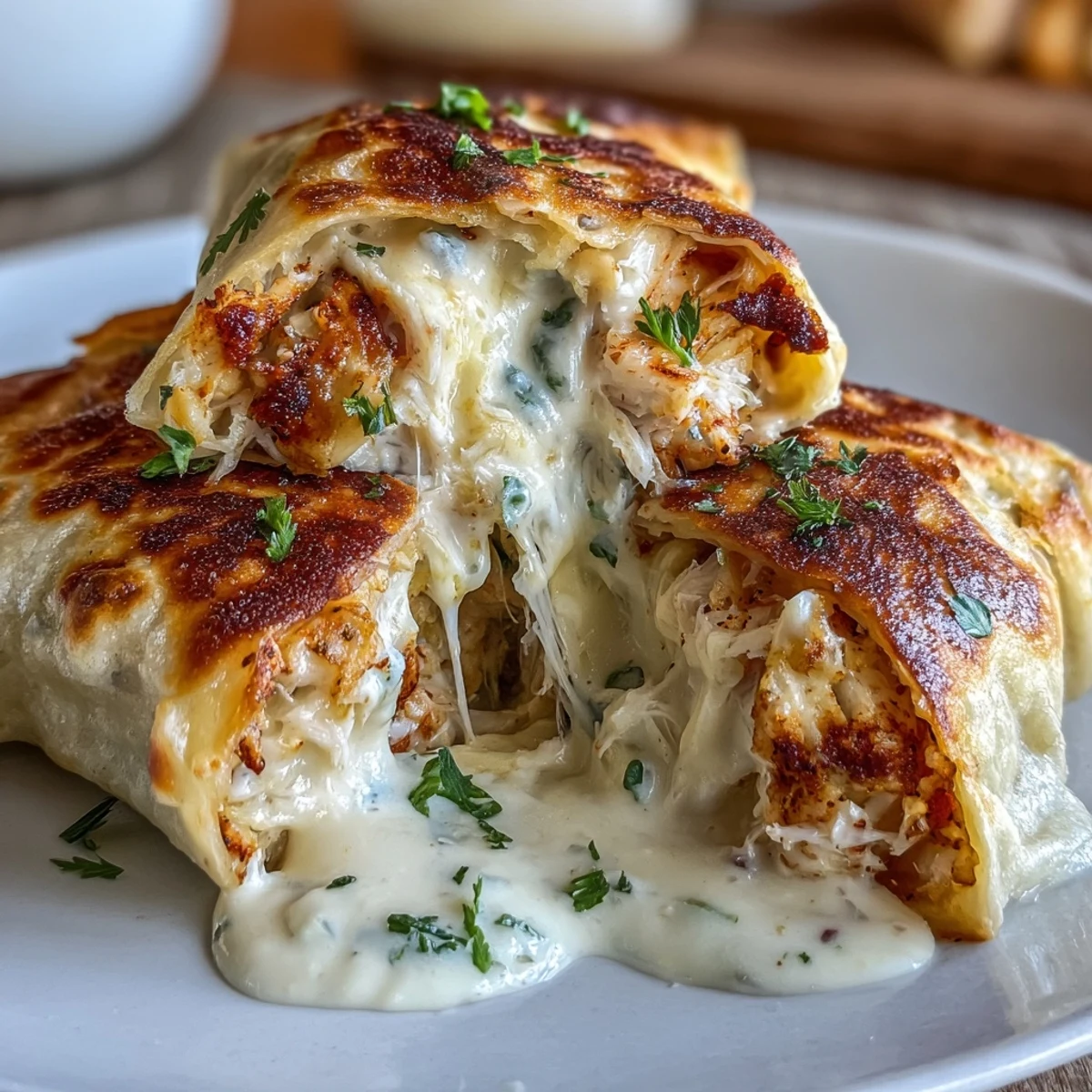 Golden-brown Cheesy Seafood Tortilla Bombs bubbling under creamy garlic sauce, served hot from the oven.