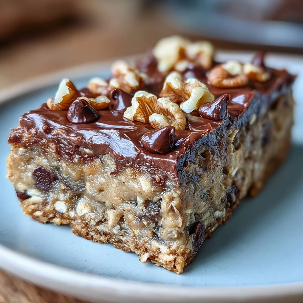 Perfectly baked Chunky Monkey Protein Baked Oat bars with melted chocolate chunks, ready for a wholesome breakfast snack.