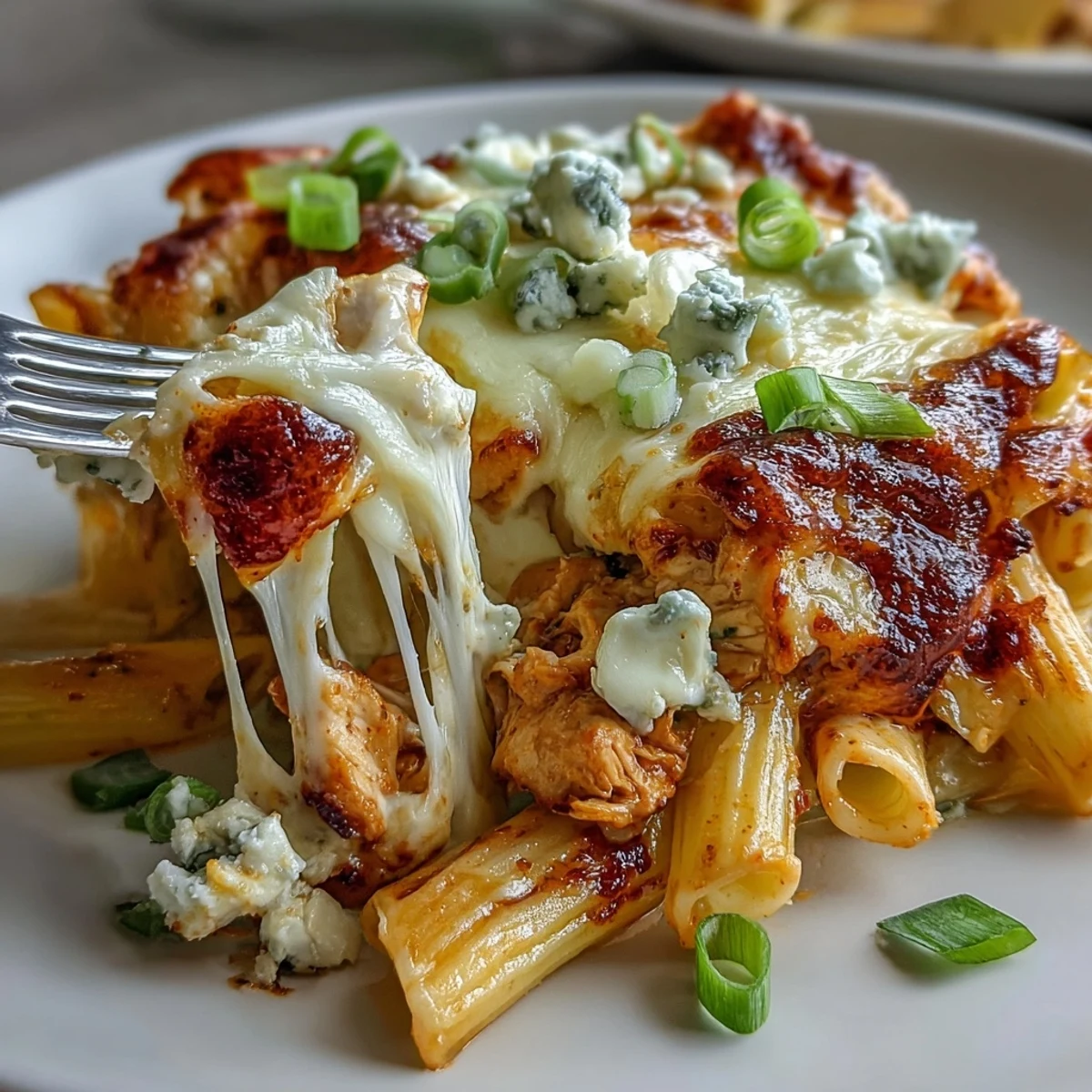 Golden, bubbly cheddar and mozzarella topping melts over a creamy buffalo ranch chicken pasta bake in a white ceramic dish. 