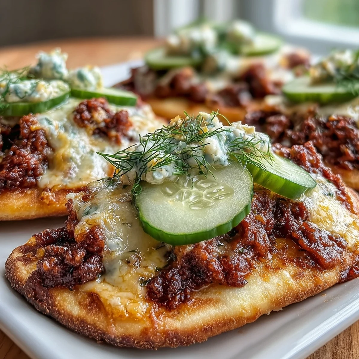 Golden Cheeseburger Garlic Naan Pizzas topped with diced tomatoes and chives, served hot on a rustic wooden board.