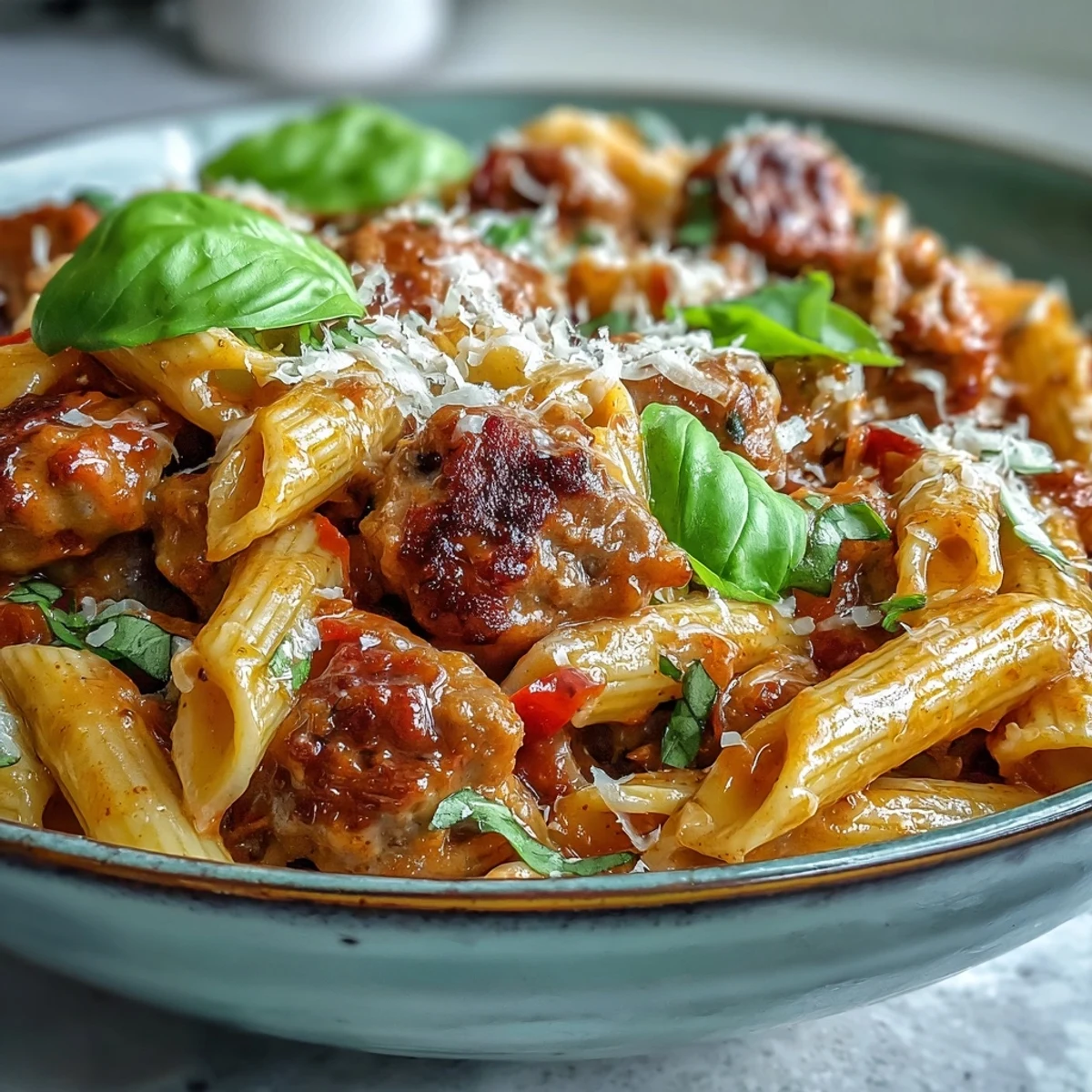 Hearty One-Pot Creamy Red Wine Sausage Pasta garnished with fresh basil and grated Parmesan cheese in a rustic ceramic bowl.