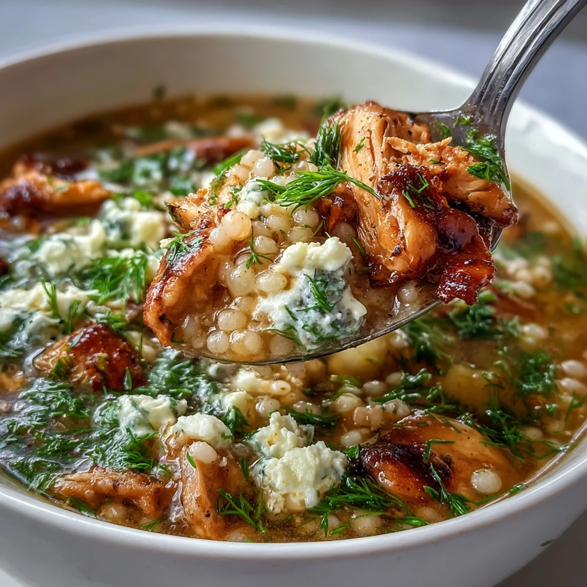 Serving of Greek Chicken & Pearl Couscous Soup in a rustic bowl with lemon wedges on the side.