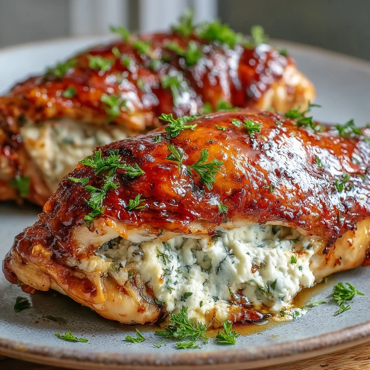 Juicy Hot Honey Ricotta Stuffed Chicken sliced open to reveal creamy, herb-filled centers and drizzled with a spicy glaze.
