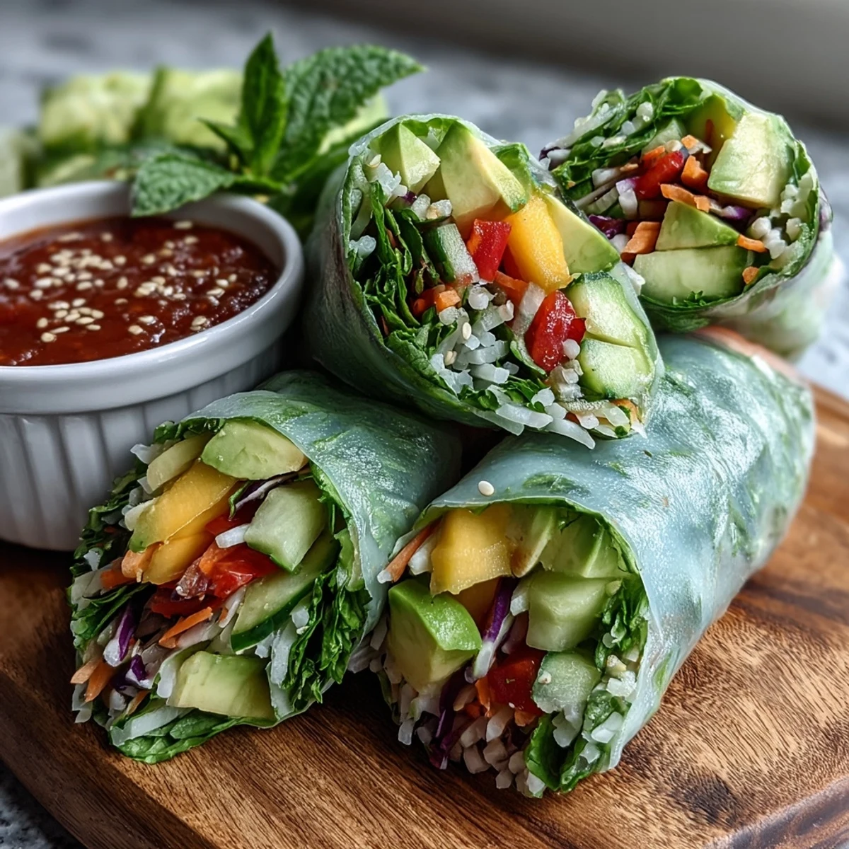 Freshly rolled, these Vegan Mango Avocado Spring Rolls are filled with crisp carrots, cucumber, and purple cabbage.