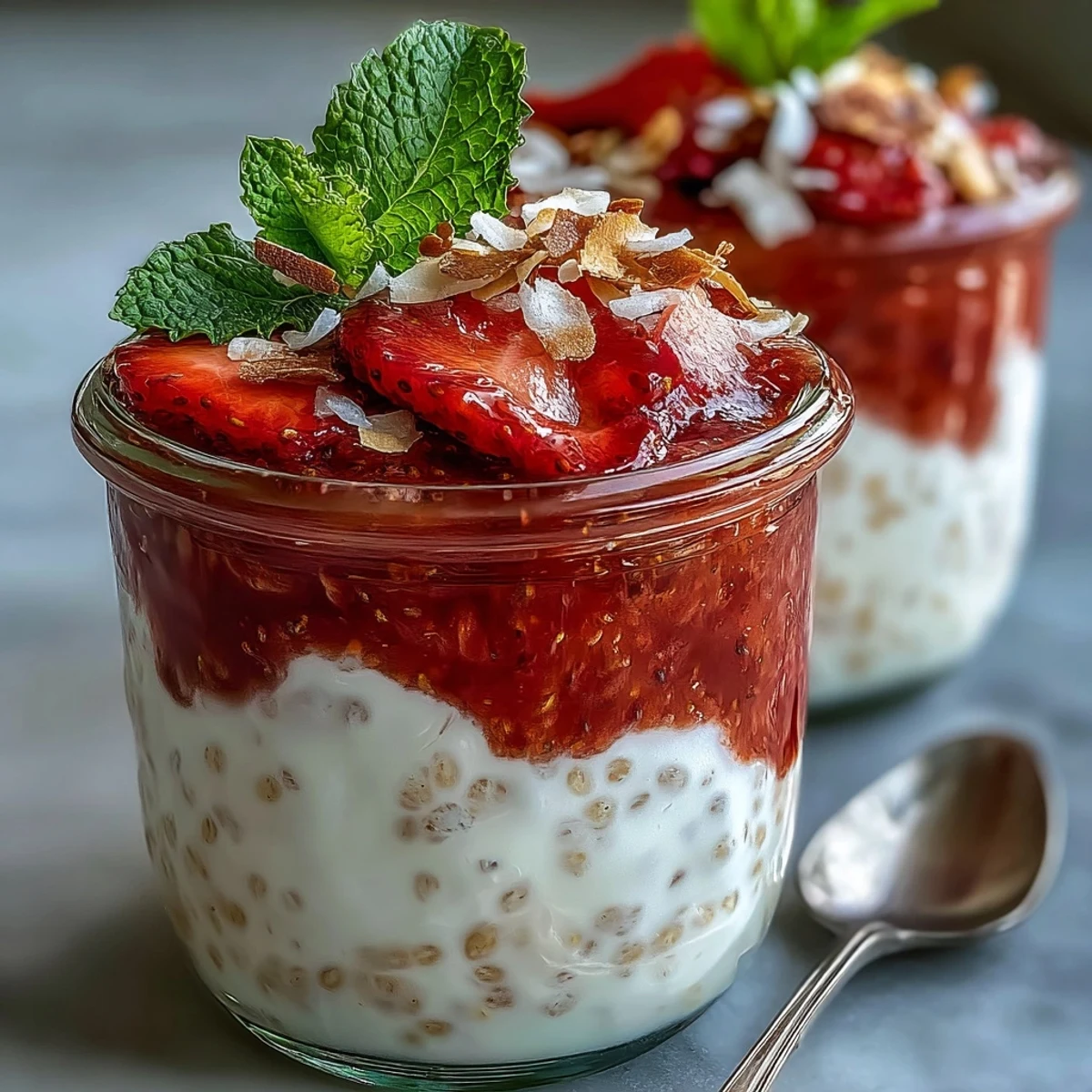 Creamy vegan Strawberry Chia Seed Pudding layered with fresh strawberry puree and topped with toasted coconut flakes.