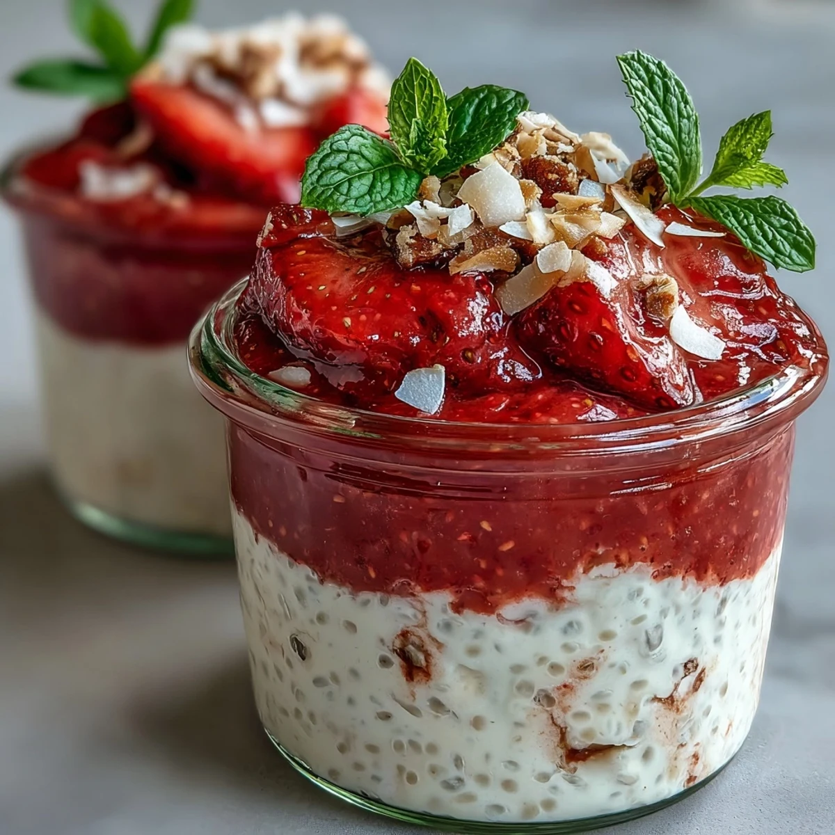 Healthy Strawberry Chia Seed Pudding in a glass jar, swirled with coconut milk and topped with sliced fresh strawberries.