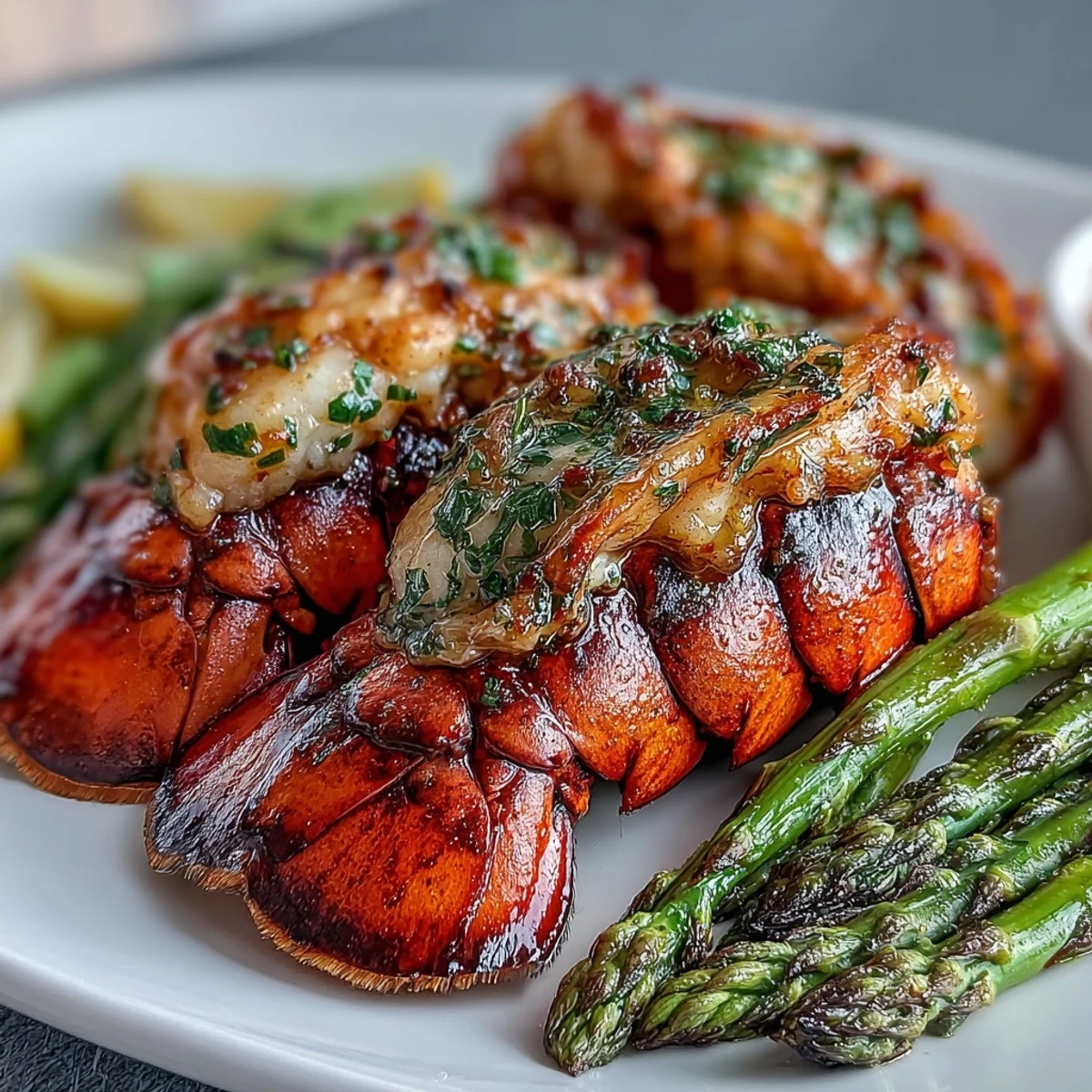 Tender Keto Garlic Butter Lobster Tails with Asparagus roasted on a baking sheet, garnished with fresh parsley.