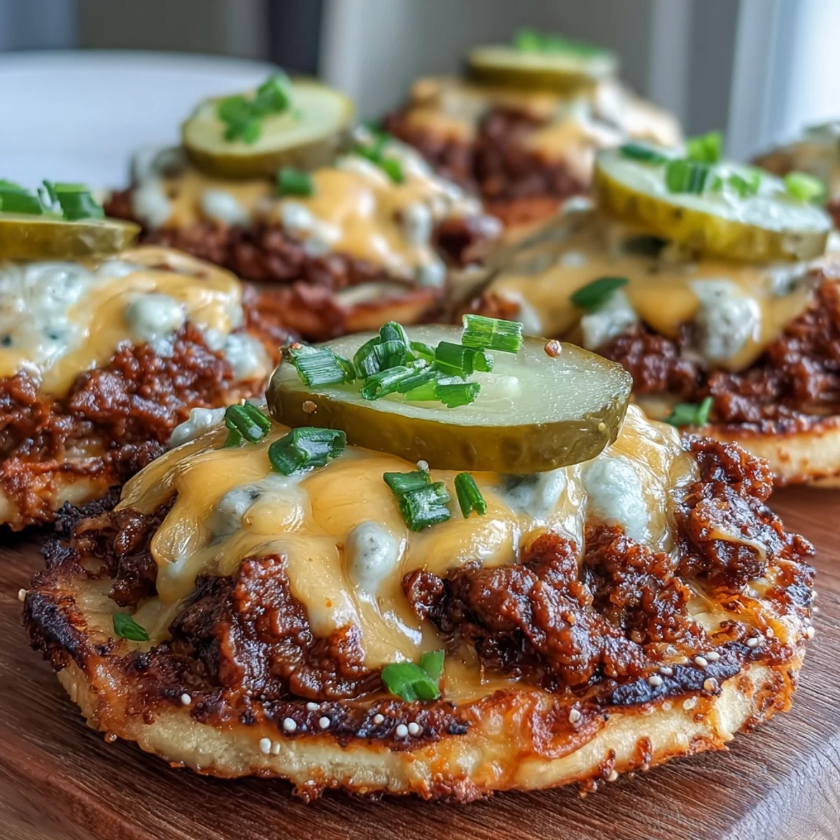 Golden, bubbly cheese sauce melts over seasoned ground beef and tangy dill pickles on warm, toasted mini naan breads, ready to serve.