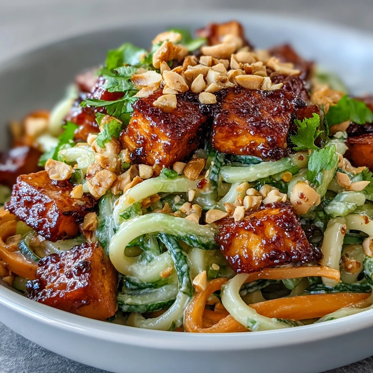 Chilled TikTok-Style Chili Crisp Cucumber Noodle Bowls topped with crunchy peanuts and fresh lime wedges for serving.