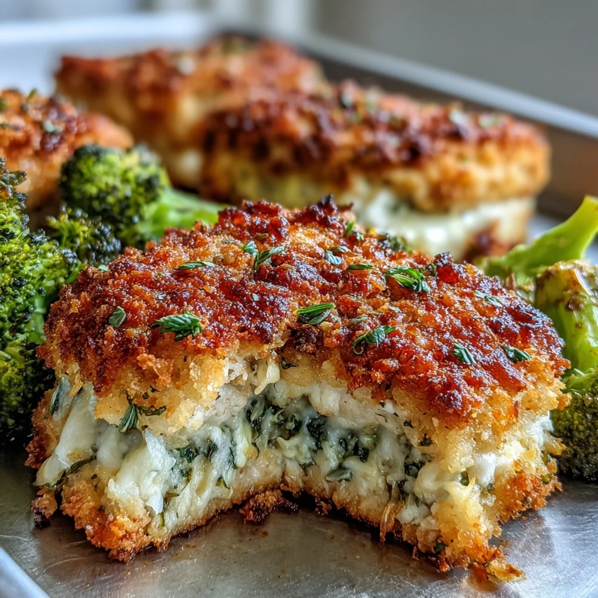 Golden Parmesan-panko crusted chicken breasts and crisp broccoli florets roasted together on a single tray for an easy weeknight dinner.