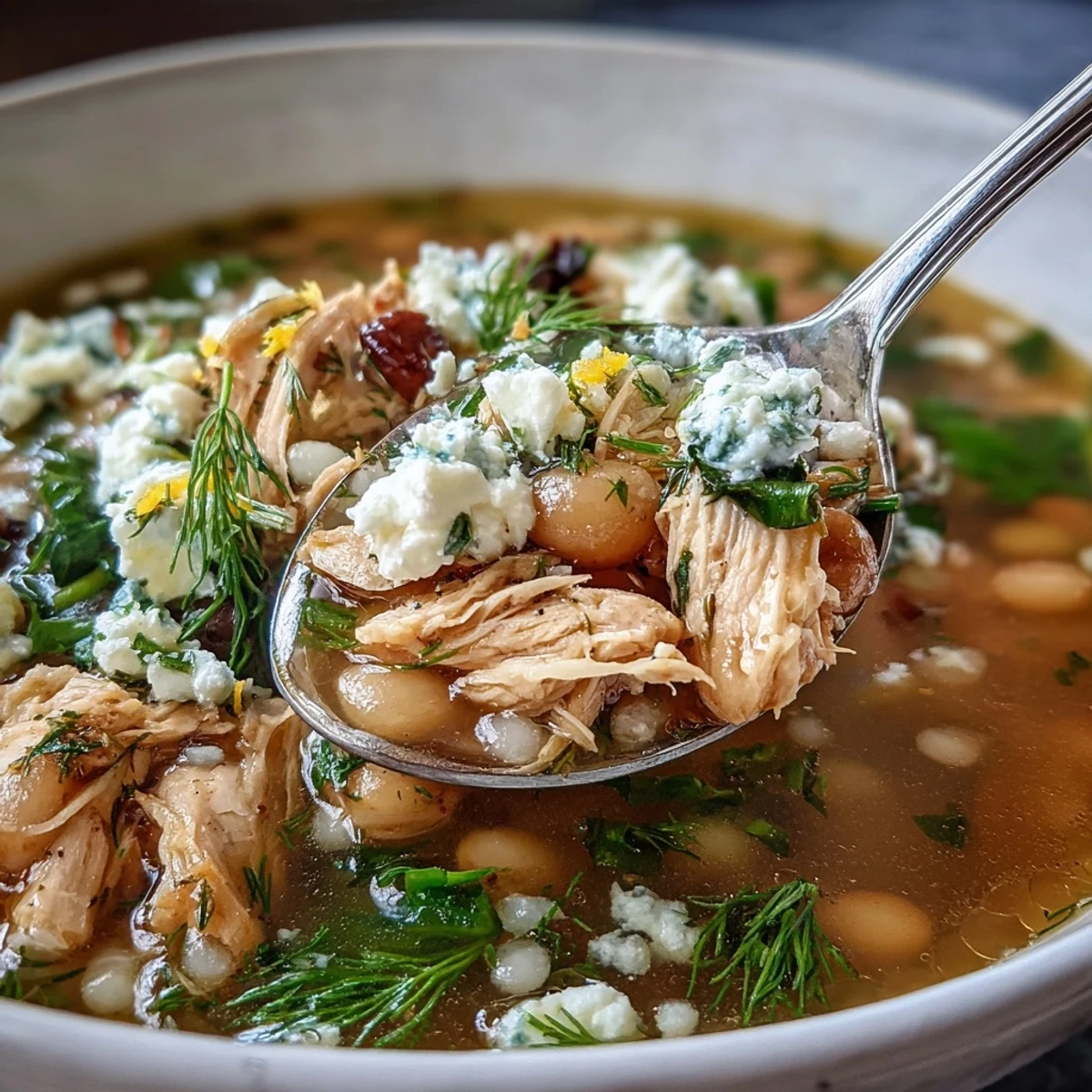 Spoon lifting a bite of Greek Chicken & Pearl Couscous Soup with tender vegetables and bright lemon zest.