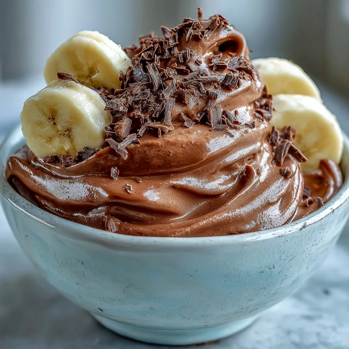 Fresh scoops of Vegan Chocolate Banana Nice Cream with Almond Butter are served in rustic bowls, topped with extra nut butter drizzle.