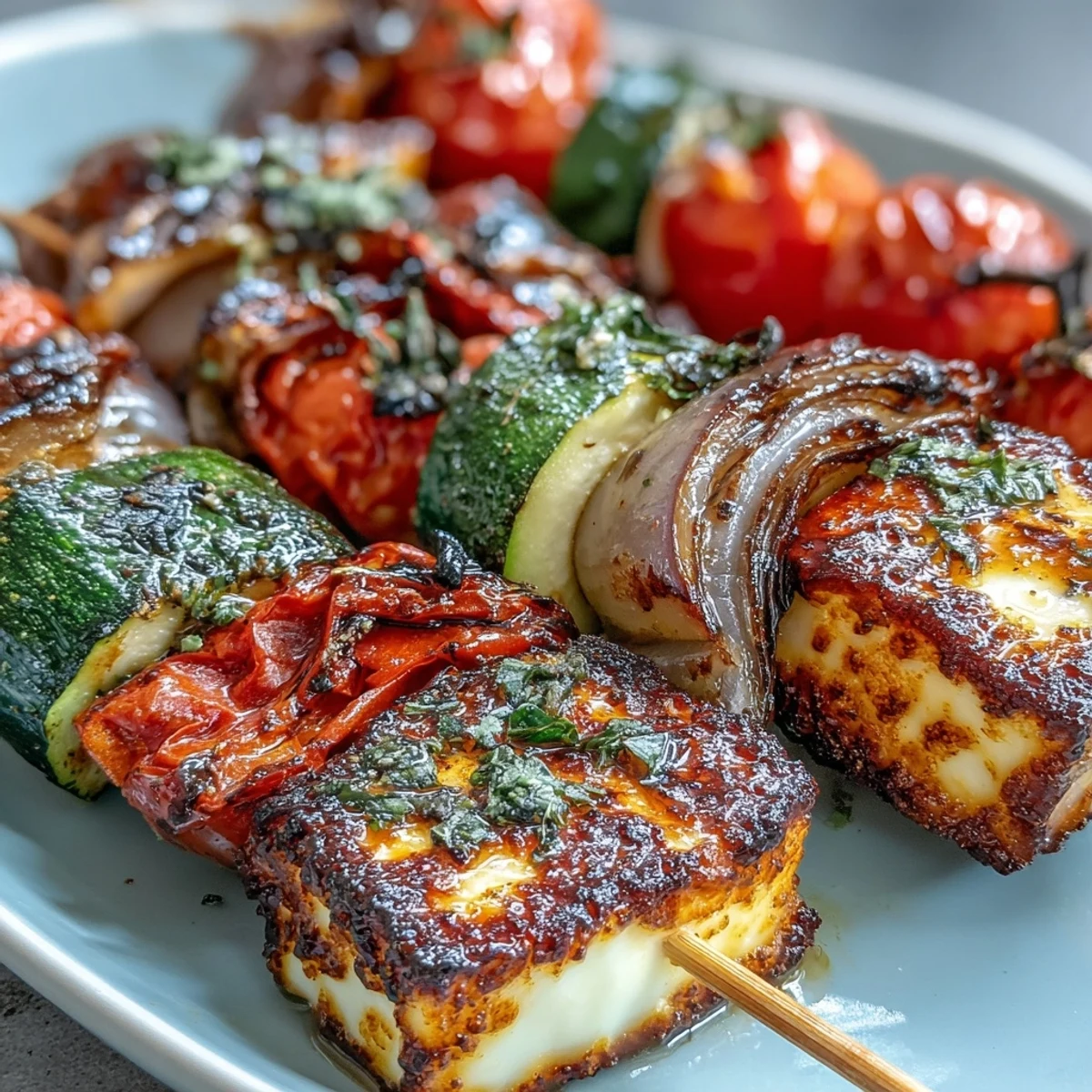 Golden halloumi cheese and vibrant bell peppers char on the grill, served with a refreshing mint and parsley yogurt dip.