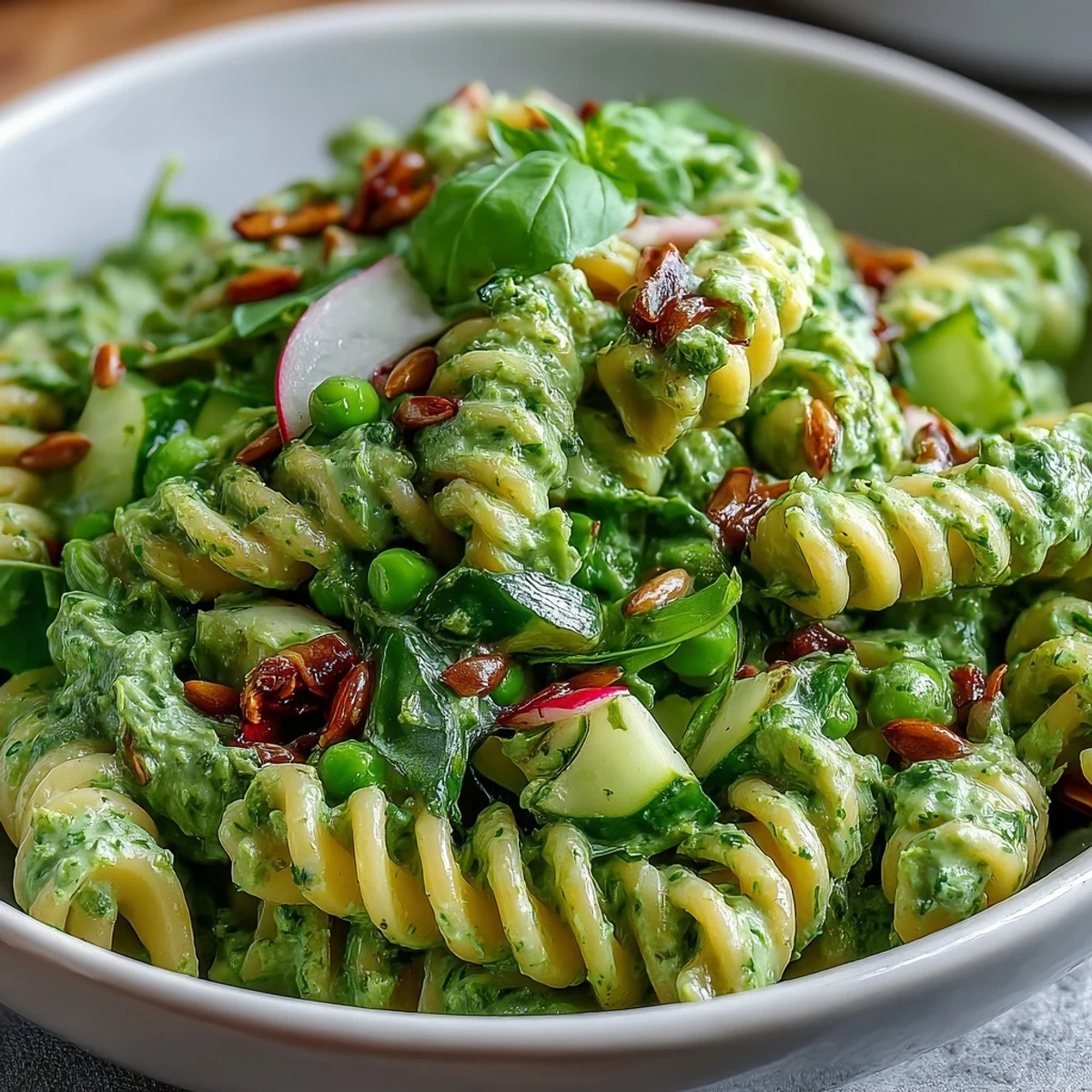 Vibrant vegan pasta salad with creamy green goddess dressing, fresh peas, basil, and crisp vegetables in a large bowl.