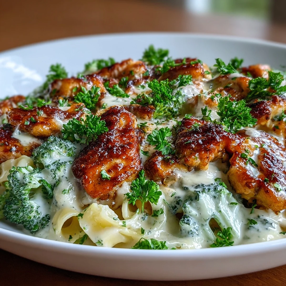 Keto Chicken Alfredo served over steamed broccoli florets with creamy Parmesan sauce.  