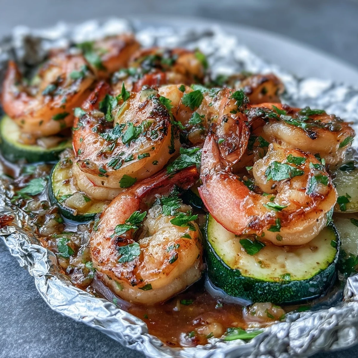 Keto Lemon Butter Garlic Shrimp Packets with Zucchini served in foil, featuring juicy shrimp, tender zucchini, and aromatic garlic with rich lemon-butter sauce.