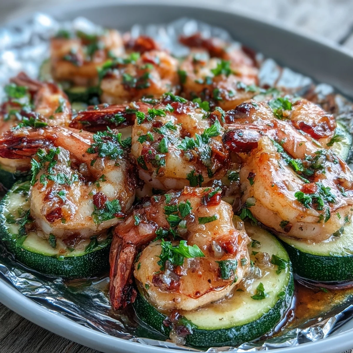 Easy Keto Lemon Butter Garlic Shrimp Packets with Zucchini, highlighting tender shrimp, crisp zucchini, and fragrant herbs in a light lemon-butter drizzle.