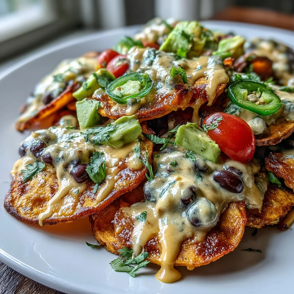 Golden baked sweet potato nachos topped with savory black beans and a rich, dairy-free cashew queso, ideal for plant-based snacking.