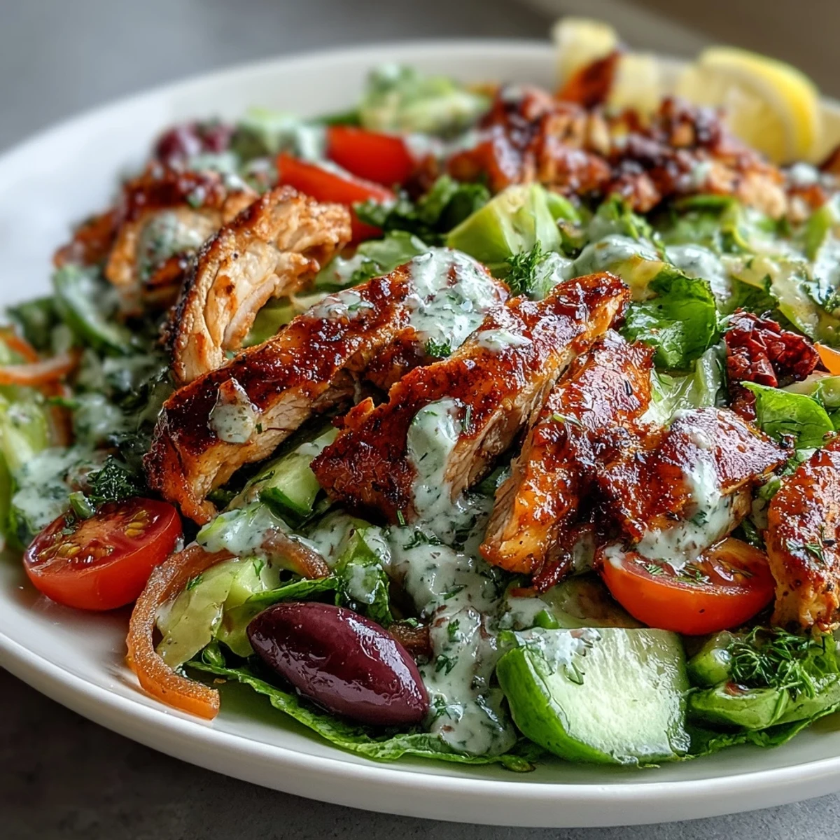 Light and healthy chicken shawarma salad bowls topped with vibrant veggies, sliced chicken, and a zesty lemon tahini drizzle for a satisfying meal.  