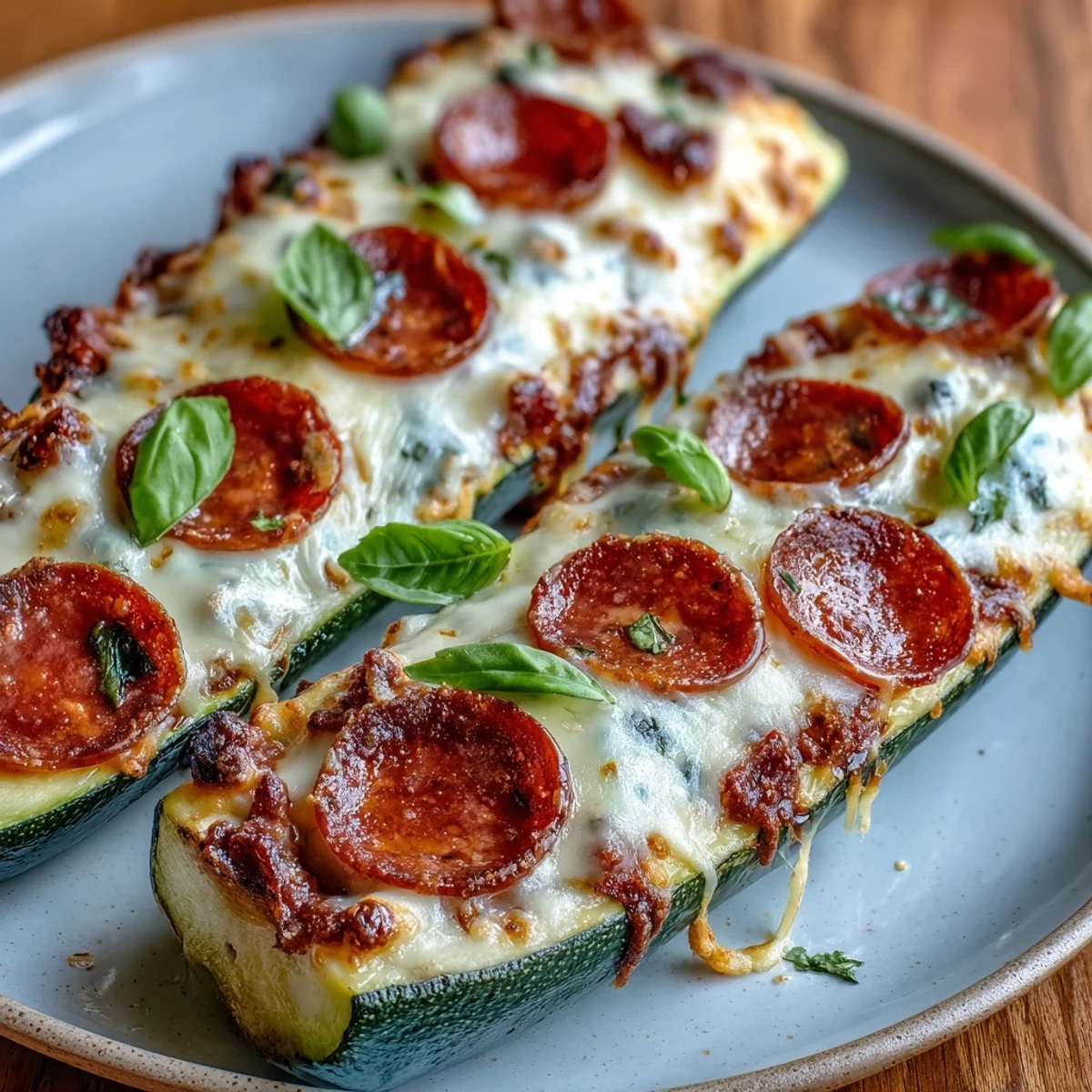 Keto Pepperoni Zucchini Pizza Boats with Mozzarella Melt: tender zucchini halves loaded with zesty tomato sauce, melty mozzarella, and crispy pepperoni slices.