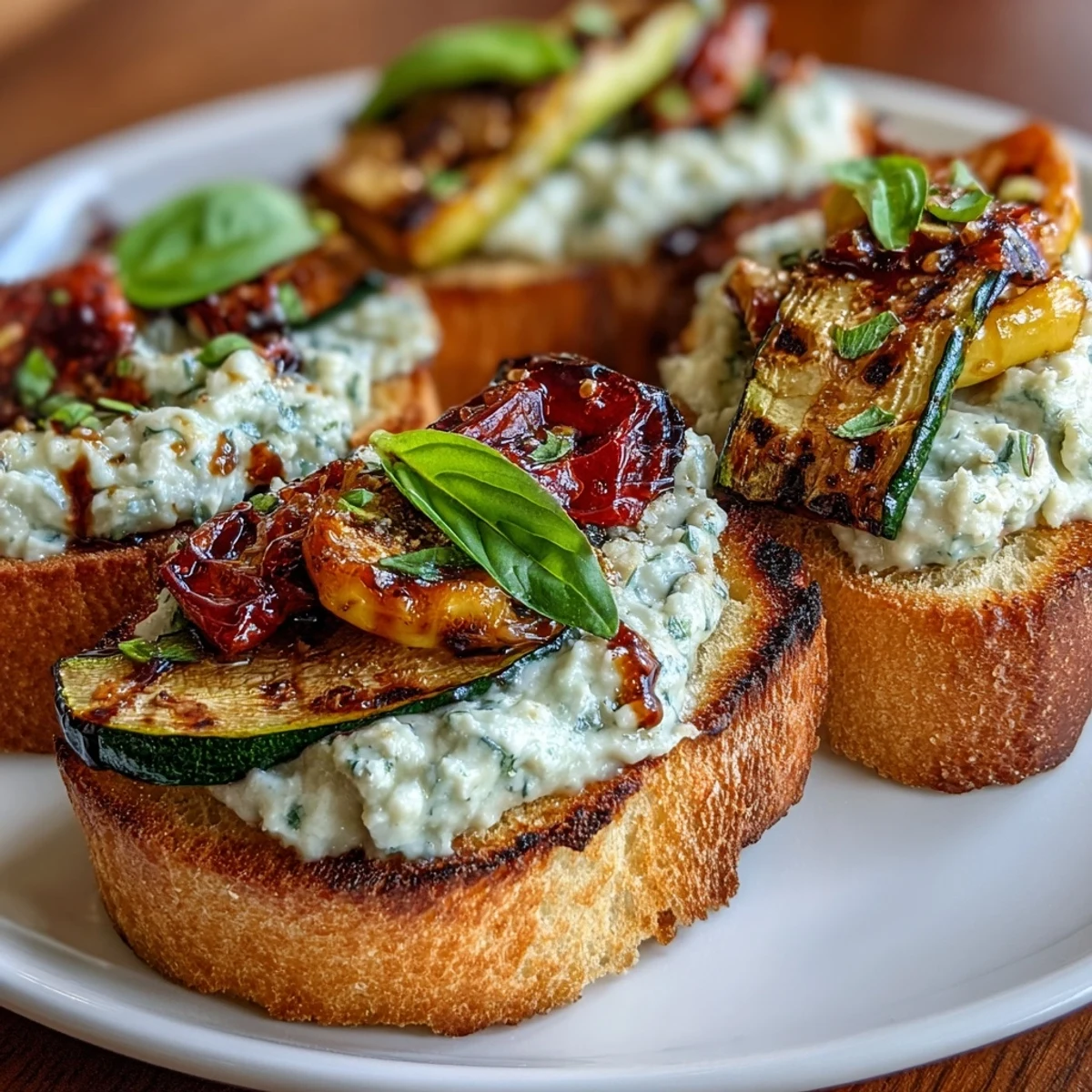 Crispy crostini slathered in garlic butter, layered with smooth ricotta cheese and vibrant, charred vegetables for a flavorful vegetarian appetizer.