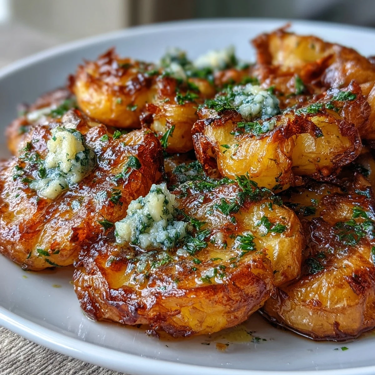 Golden roasted smashed potatoes with crispy edges, topped with aromatic garlic oil and fresh parsley, served on a rustic baking sheet.