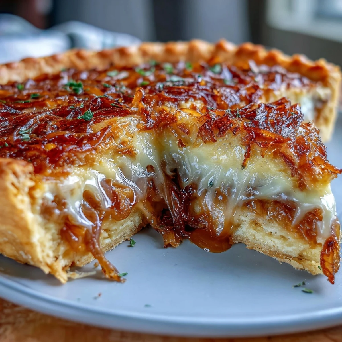Warm caramelized onion and Gruyere tart fresh from the oven, with bubbly cheese and golden crust ready to slice and serve.