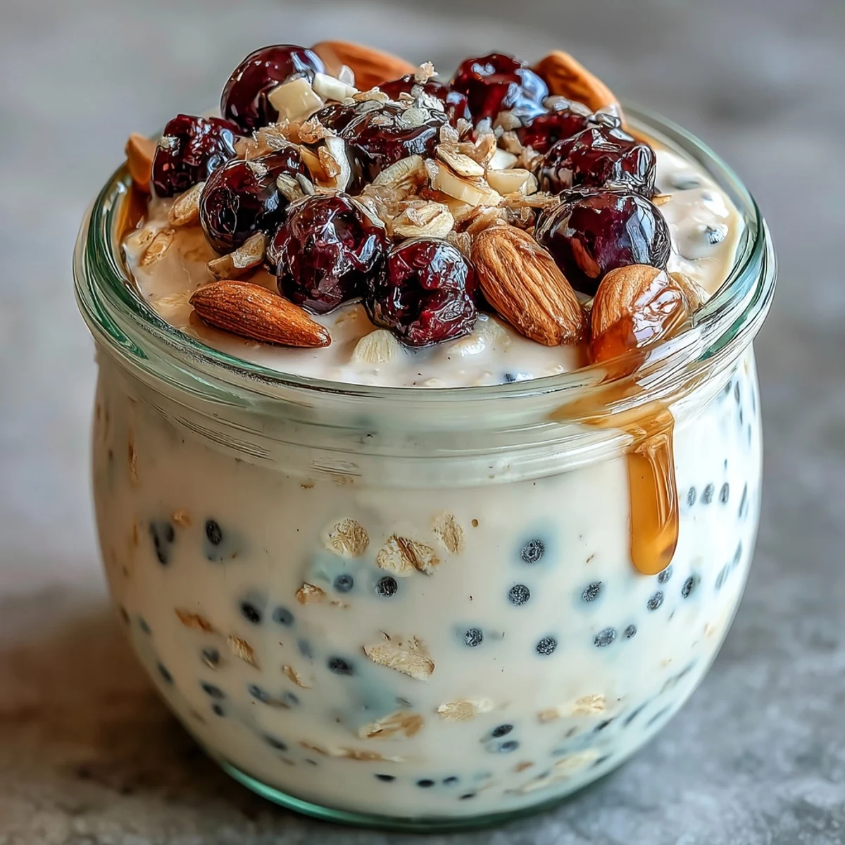 Layered chia overnight oats topped with juicy blueberries and sliced almonds, perfect for healthy breakfasts.  