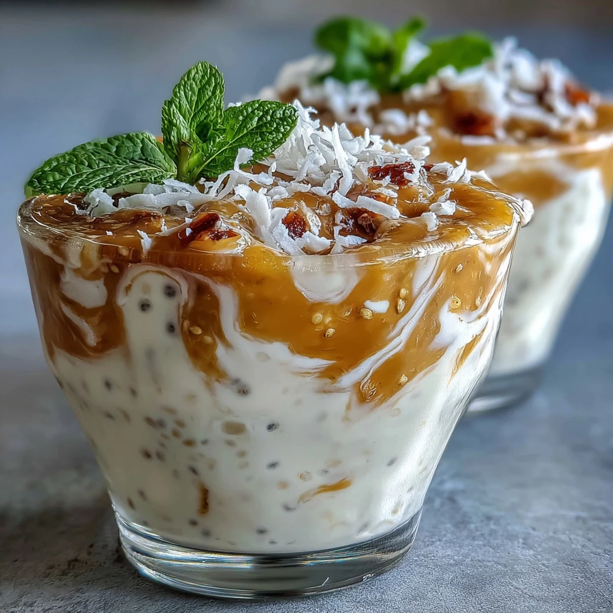 Creamy light coconut chia pudding layered with fresh mango purée in breakfast cups, topped with shredded coconut and seeds.
