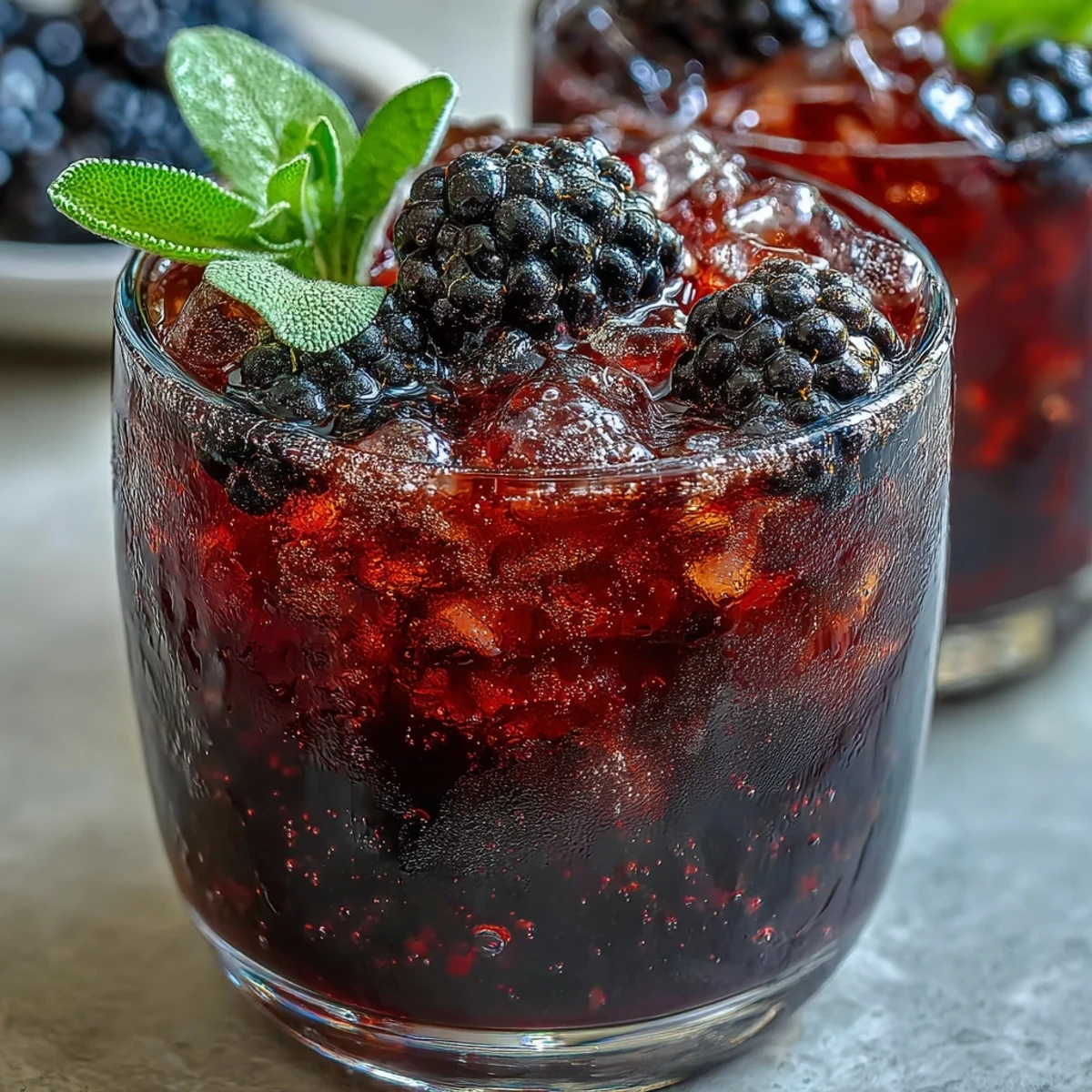Vibrant Blackberry Sage Mocktail with crushed ice, fresh berries, and aromatic herbs for a refreshing summer drink.