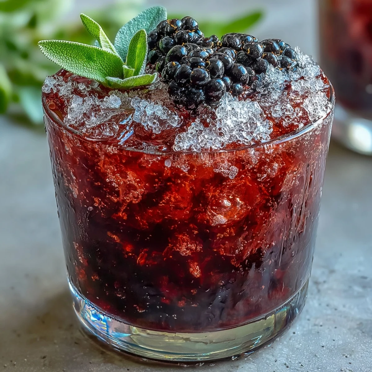 Chilled Blackberry Sage Mocktail with crushed ice, juicy berries, and zesty citrus for a bright, herbaceous summer cooler.