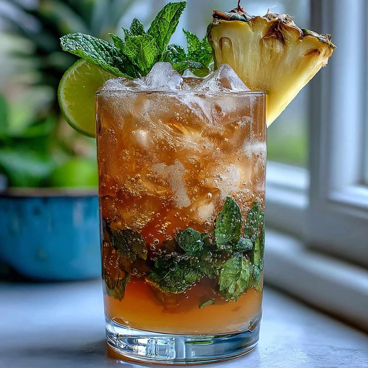 Vibrant pineapple ginger fizz served over ice with pineapple wedges and lime, perfect for festive gatherings and non-alcoholic celebrations.  