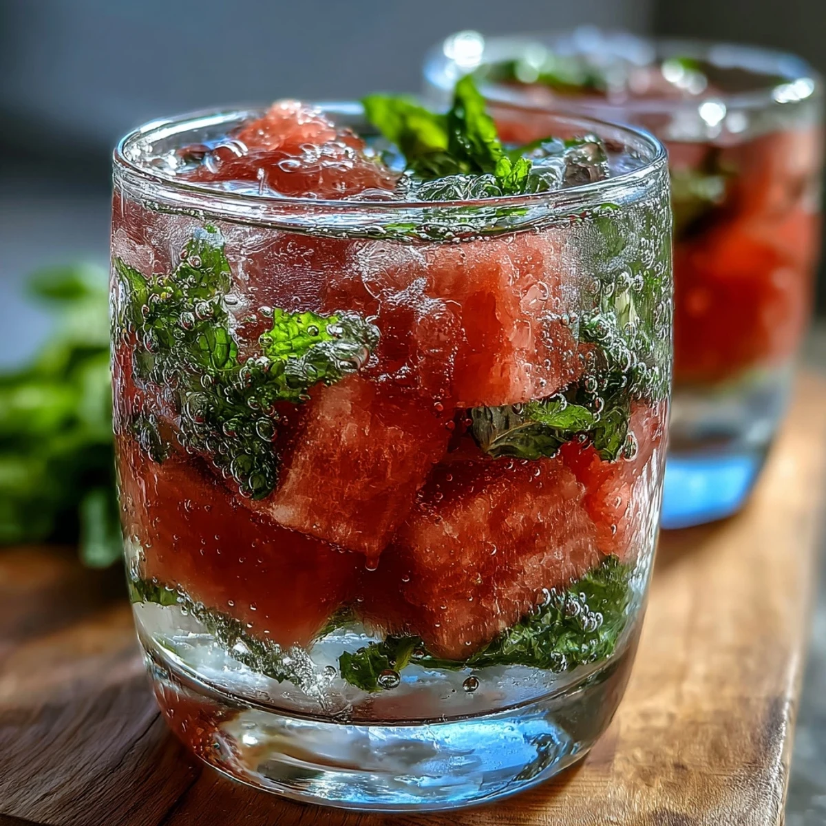 Vibrant watermelon mint infused water with ruby watermelon cubes and fresh mint sprigs, offering a naturally sweet and cooling beverage for warm days.