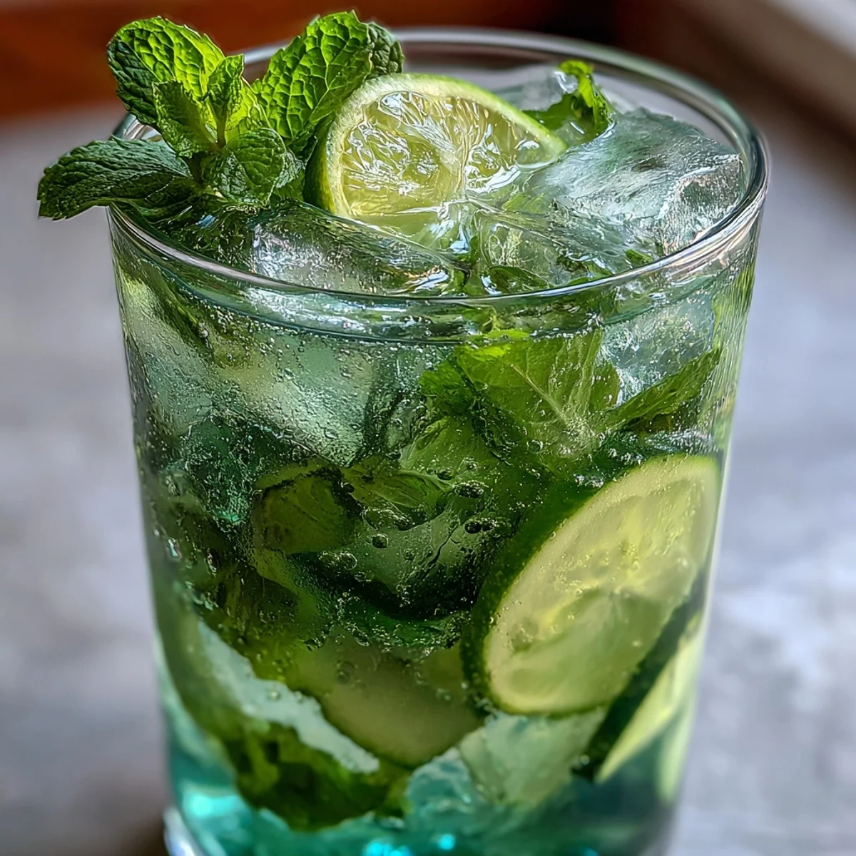 Refreshing virgin green mojito with lime and mint, featuring crisp cucumber slices and sparkling water for a cool summer drink.