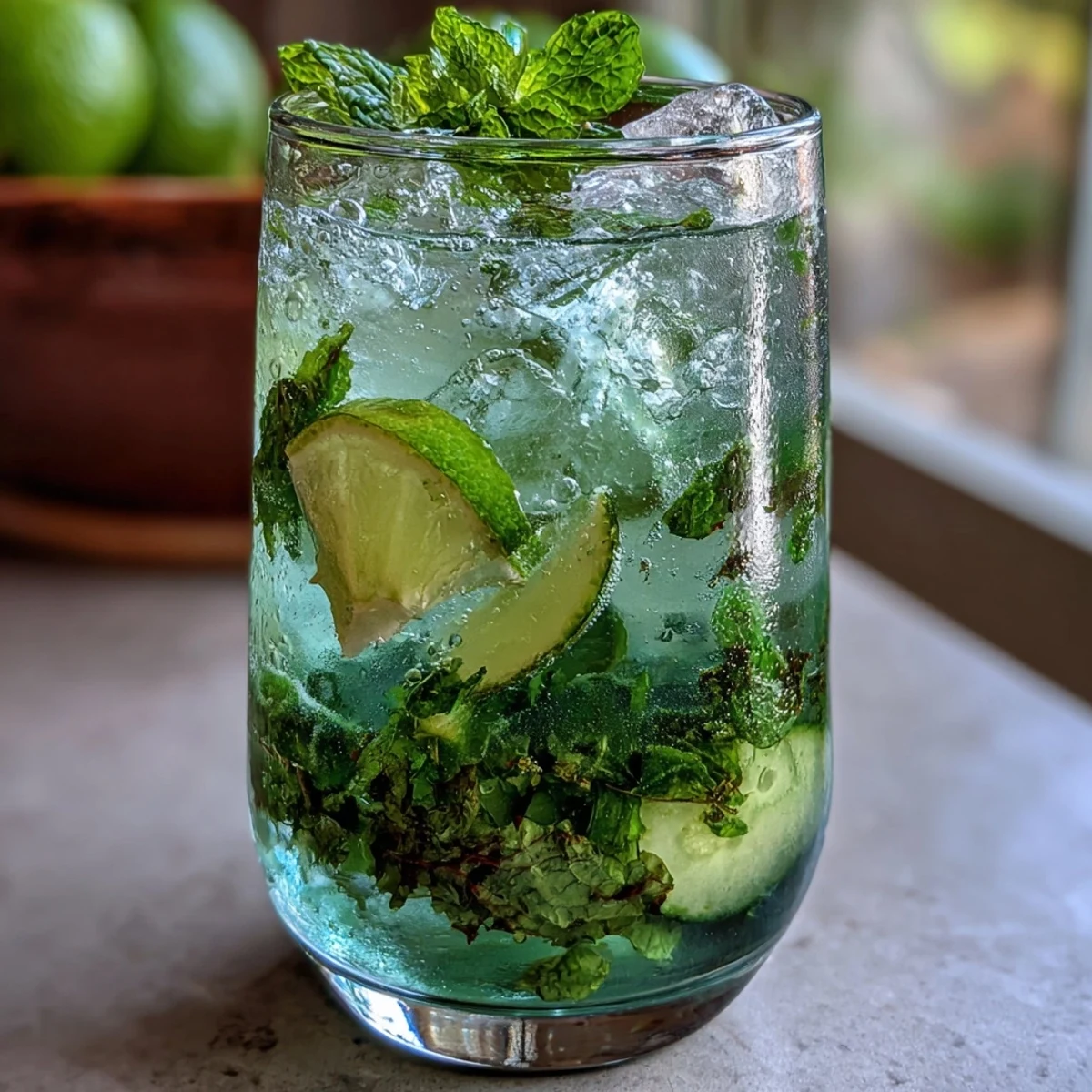Vibrant green mojito mocktail showcasing muddled mint, fresh lime, and cucumber, served over ice with a splash of sparkling water.