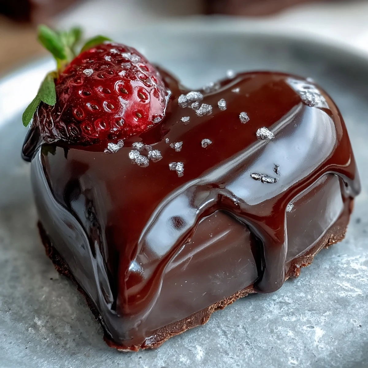 A beautiful chocolate heart filled with juicy strawberries, perfect for a romantic Valentine's Day dessert.