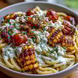 Creamy Elote Pasta Salad with Cotija, Chili, and Lime in a white bowl, garnished with fresh cilantro and lime wedges.  