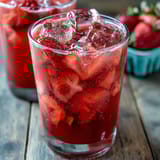 A vibrant pink drink with fresh strawberries, açaí, and creamy coconut milk served over ice in a clear glass.