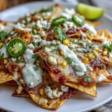 Colorful Elote Nachos topped with creamy chipotle drizzle and fresh cilantro.