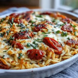 Close-up of Tomato Basil Baked Orzo, showing tender pasta and fresh herbs ready to enjoy.