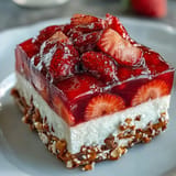 Close-up of refreshing strawberry pretzel jello salad, highlighting fresh berries and crust.
