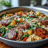 Golden apple chicken sausage orzo skillet, a hearty one-pan comfort meal.
