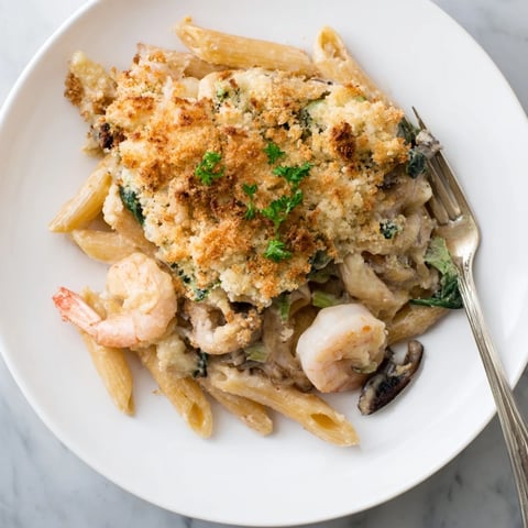 Creamy Japanese seafood pasta bake topped with crunchy panko breadcrumbs and parsley.  