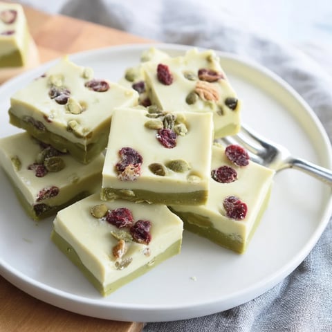 Creamy matcha white chocolate Thanksgiving fudge topped with cranberries and pecans.