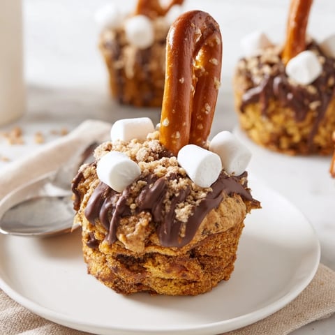 Delicious Smores Pumpkin Pretzel Muffin Sticks topped with gooey chocolate and marshmallows.