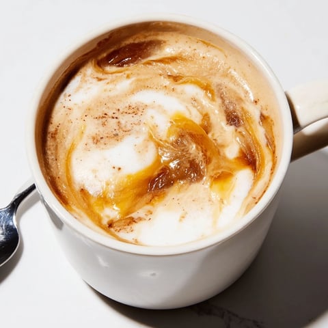 Savory onion latte topped with creamy frothed milk and caramelized onions.  