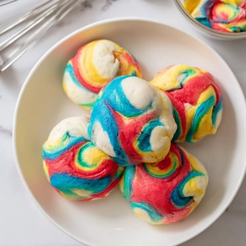 Fluffy cloud bread in rainbow colors, perfect for vibrant breakfasts and snacks.  